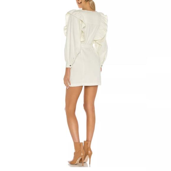 Free People Sz XL Imogene Cream Denim Mini Dress Ruffle Puff Sleeve Dolman - Picture 3 of 17